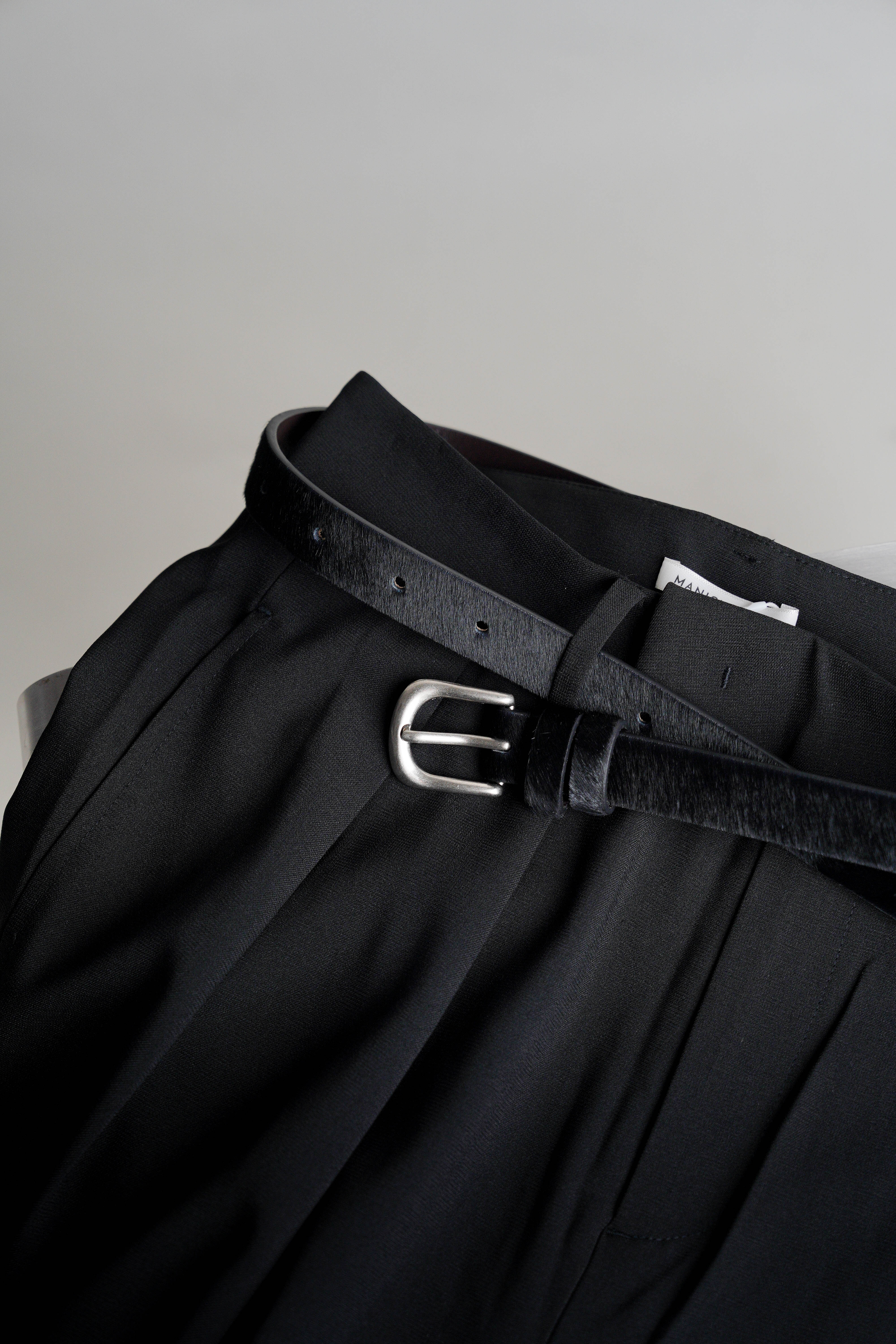 Silver Buckle Horsehair Leather Belt - Black 