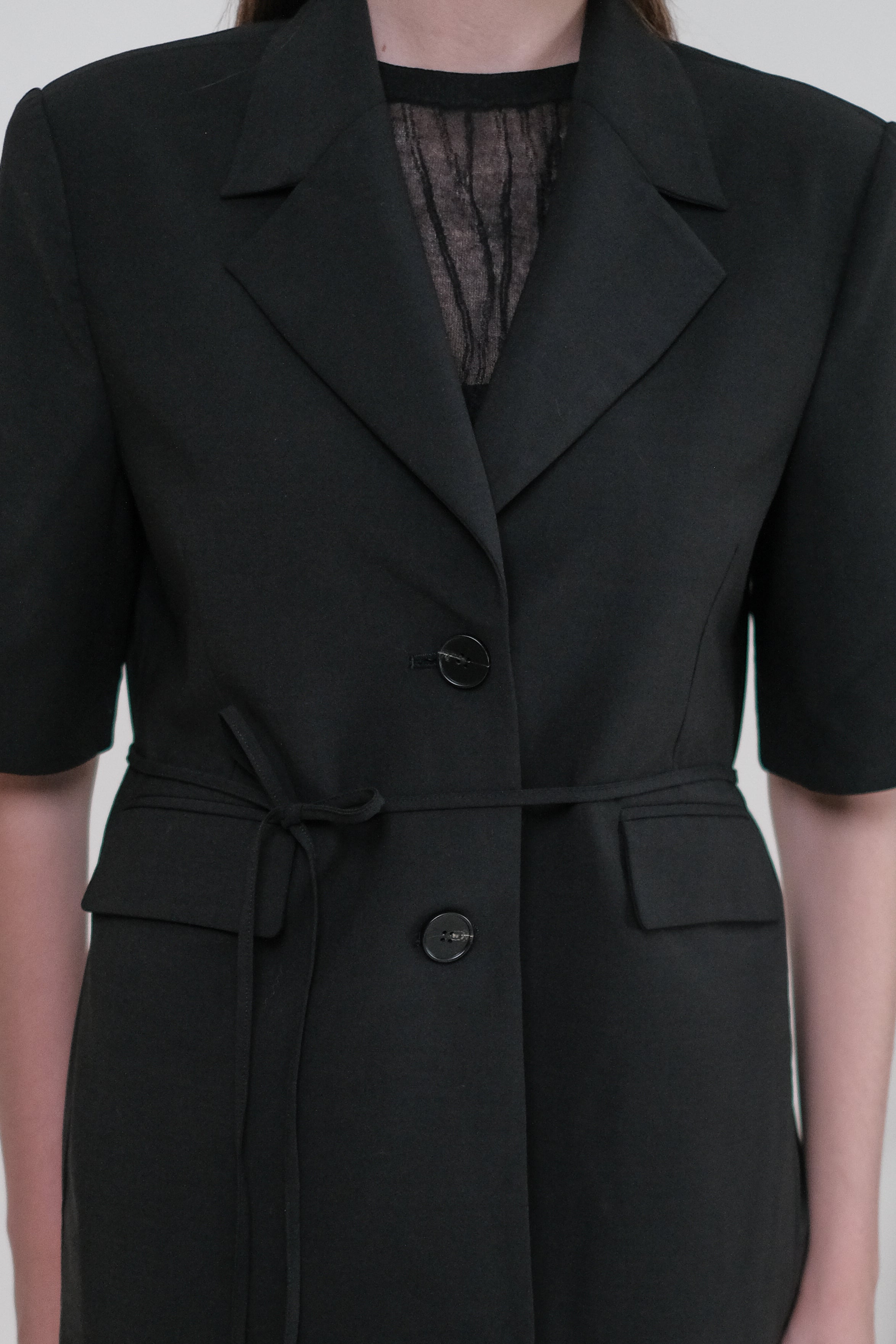 Side-Slit Short Sleeve Blazer with Tie Detail - Black