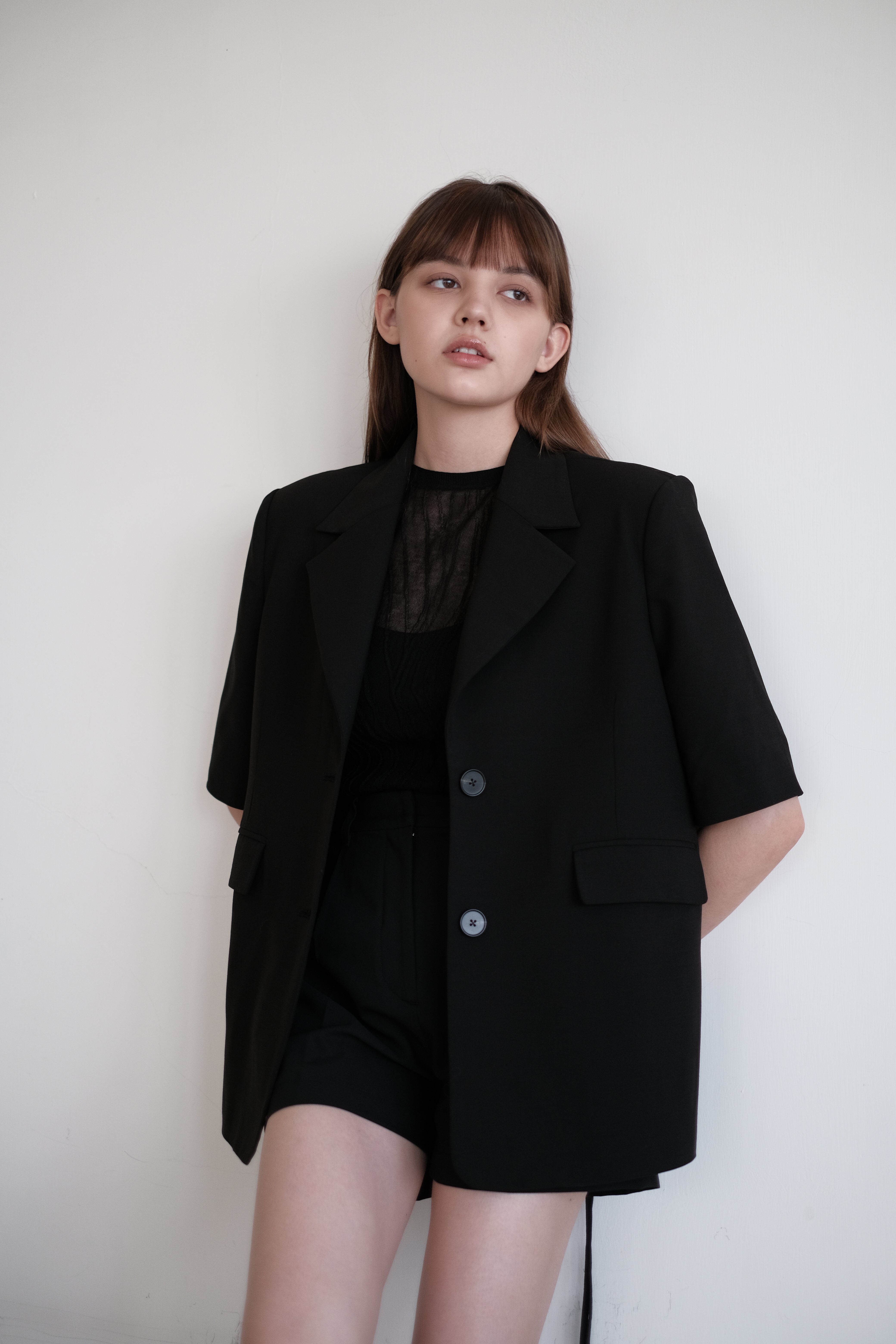 Side-Slit Short Sleeve Blazer with Tie Detail - Black