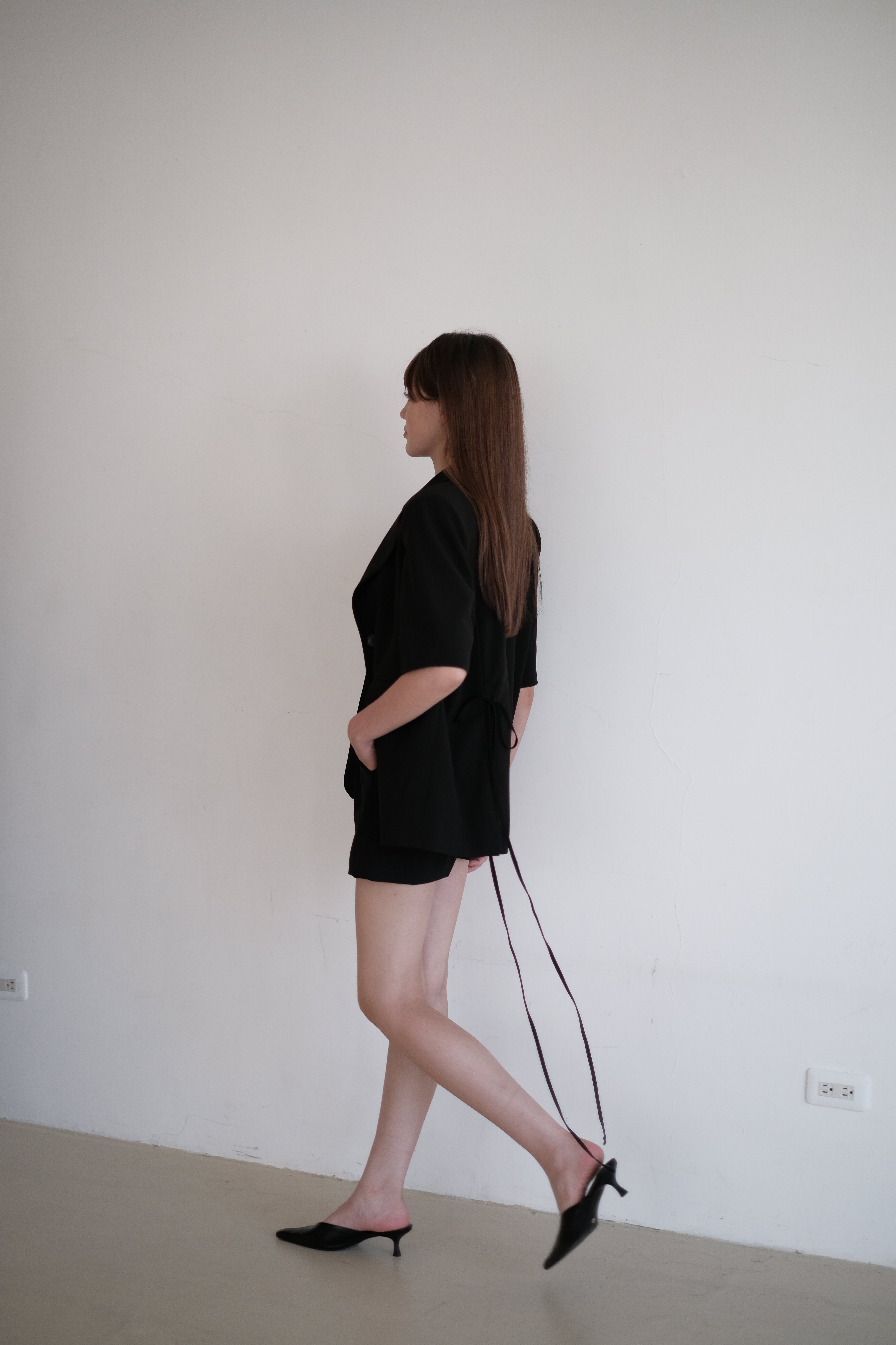 Side-Slit Short Sleeve Blazer with Tie Detail - Black