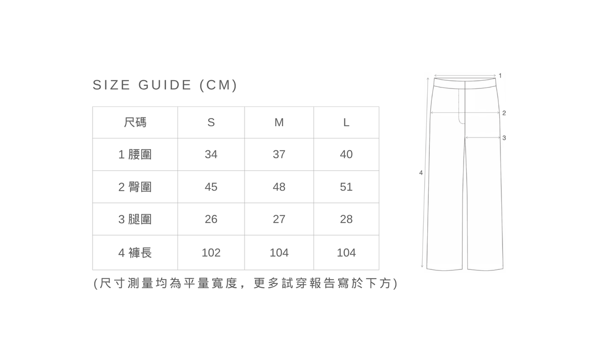 深色水洗直筒落地牛仔褲尺寸表，S／M／L 平量尺寸