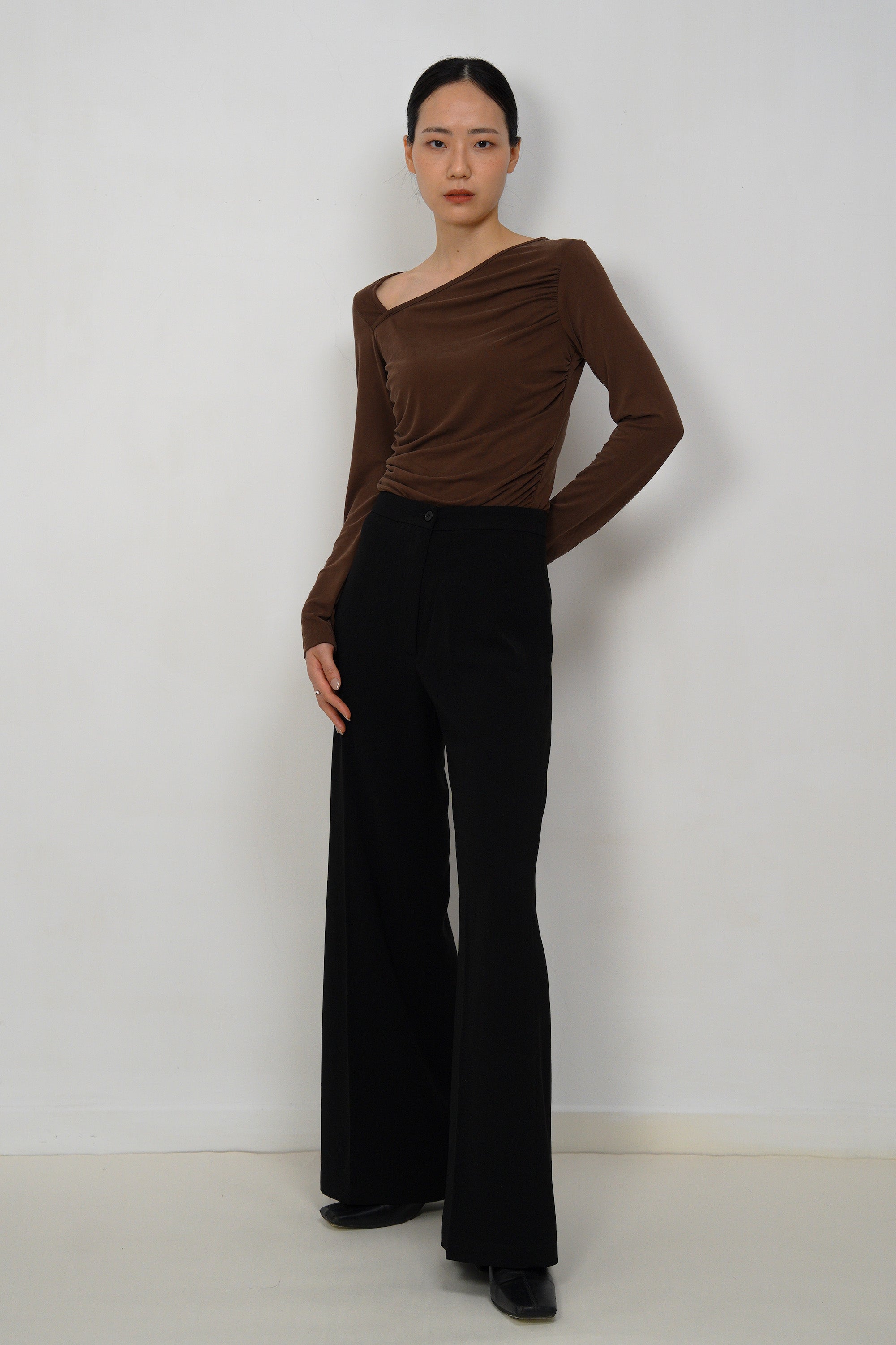 Asymmetric Ruched Modal Top - Brown