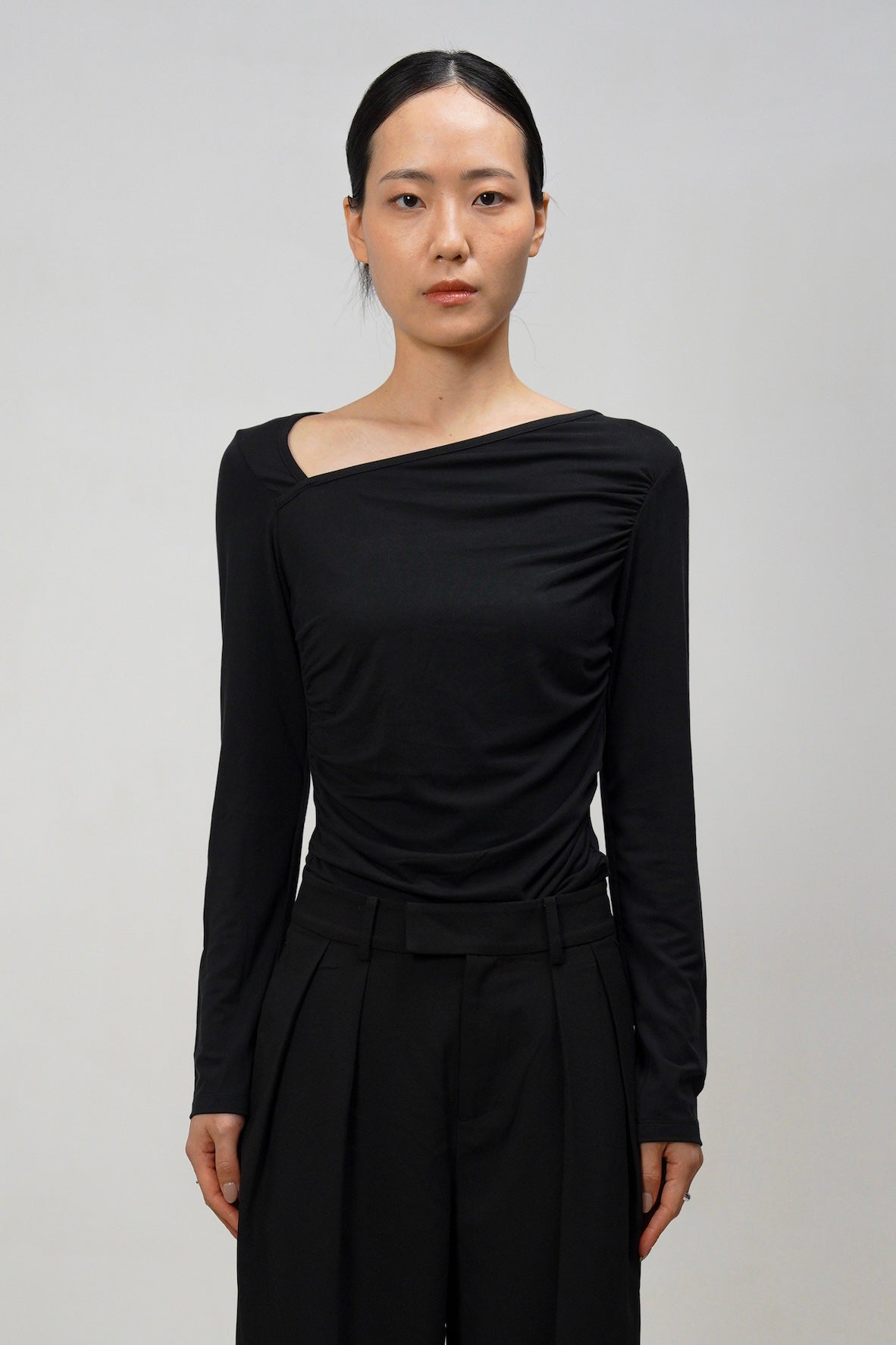 Asymmetric Ruched Modal Top - Black