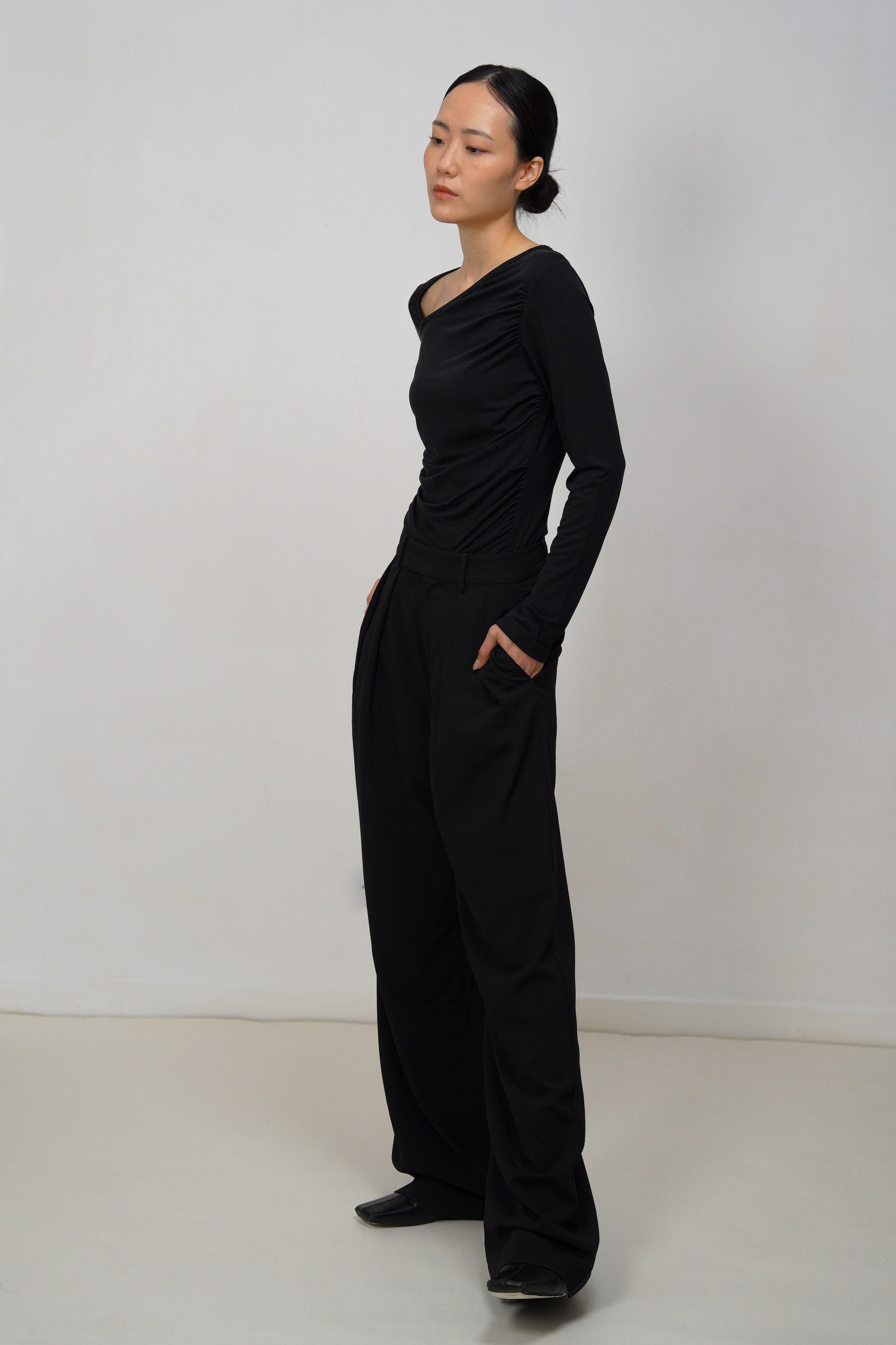 Asymmetric Ruched Modal Top - Black