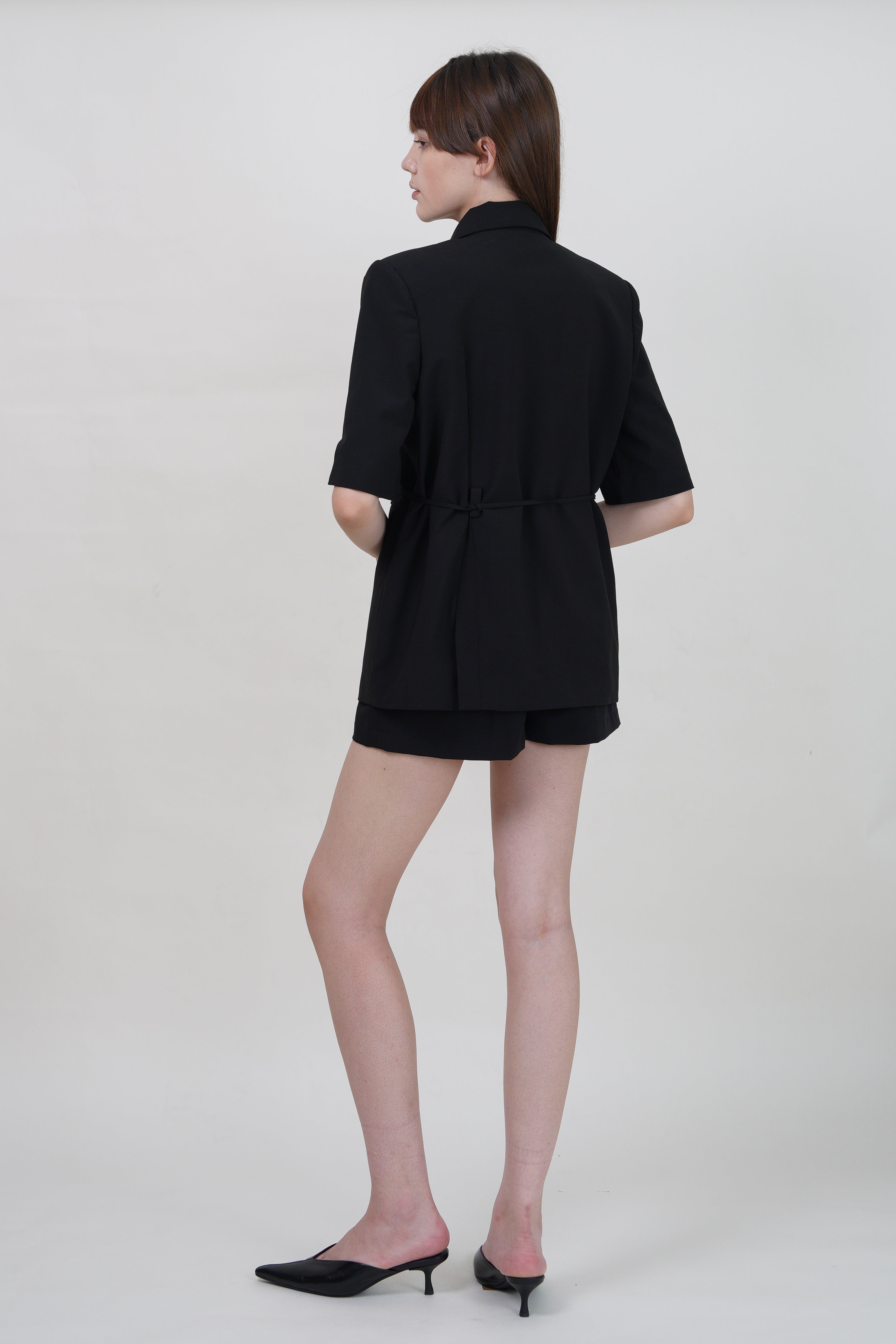 Side-Slit Short Sleeve Blazer with Tie Detail - Black