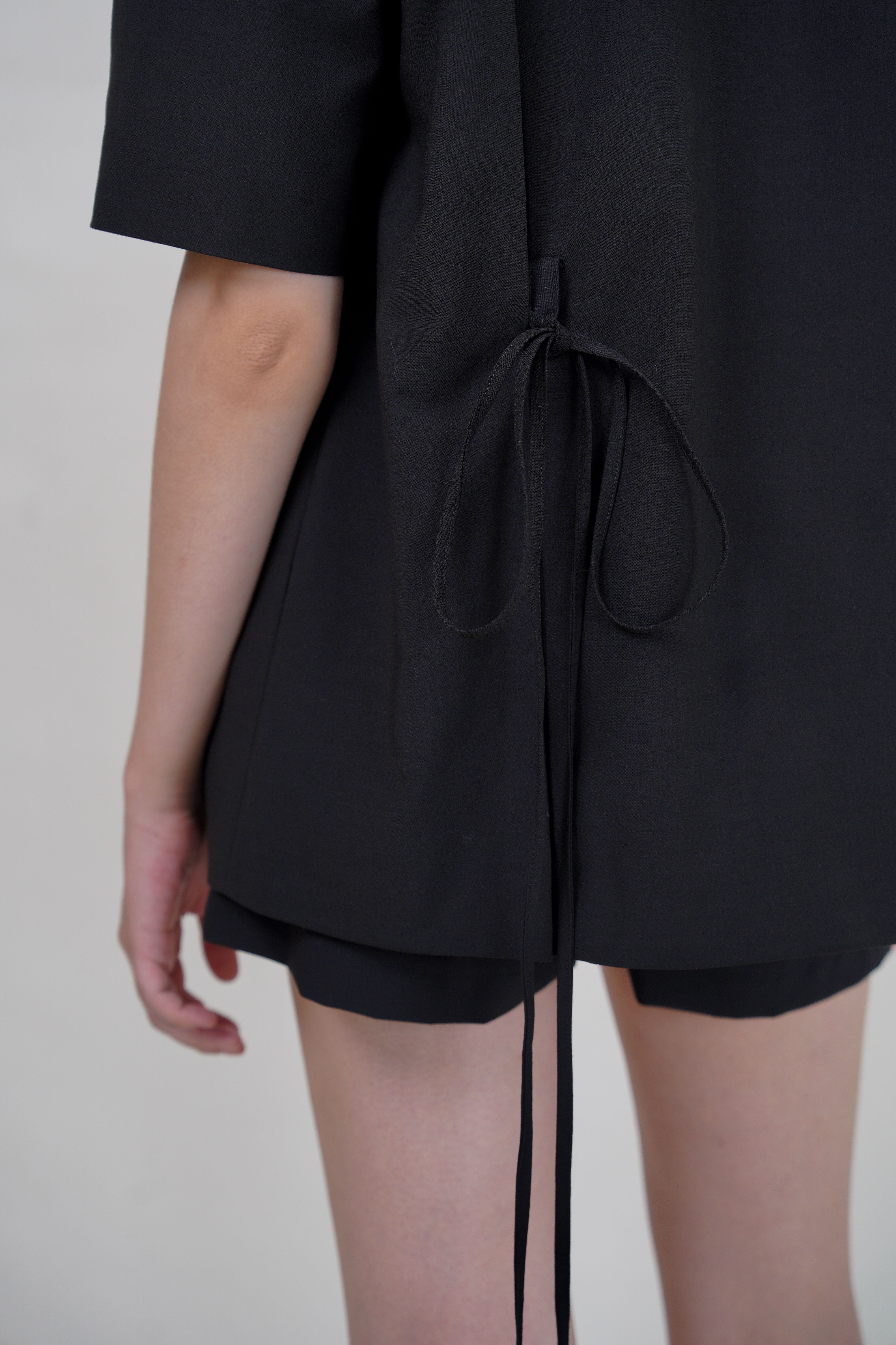 Side-Slit Short Sleeve Blazer with Tie Detail - Black