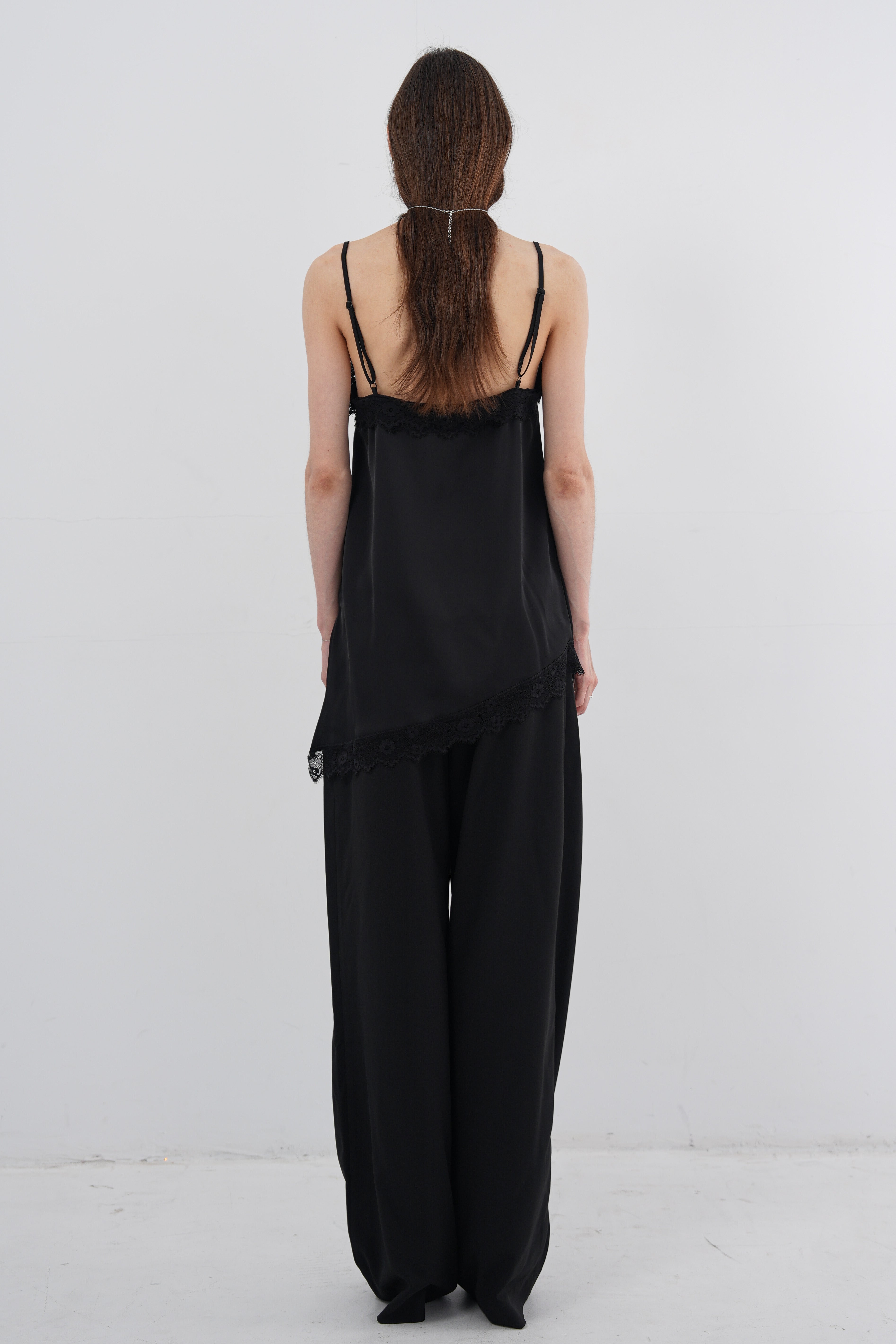 Satin Lace Asymmetric Cami Top - Black