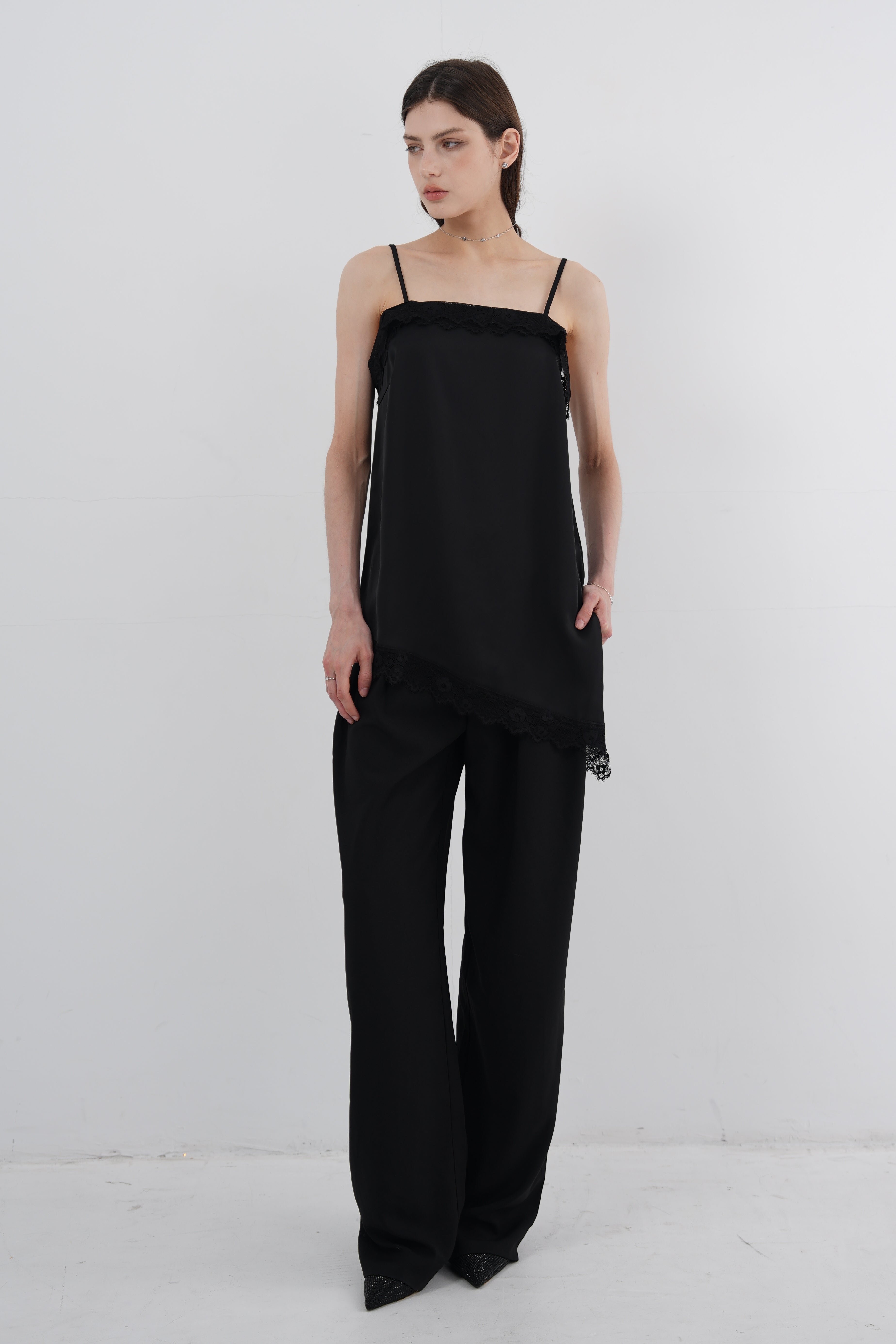 Satin Lace Asymmetric Cami Top - Black