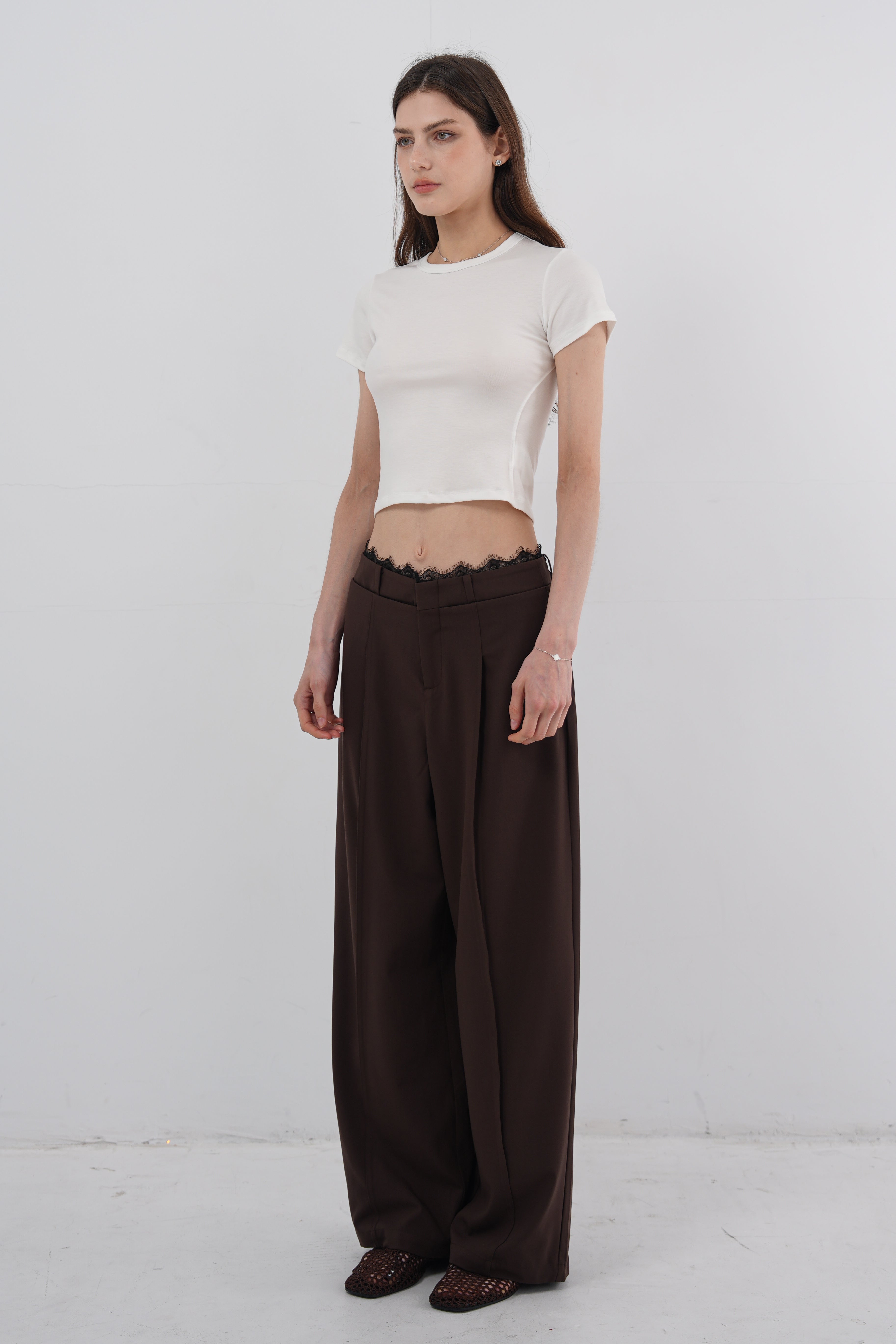 Layered Lace Waist Wide-Leg Pants - Brown