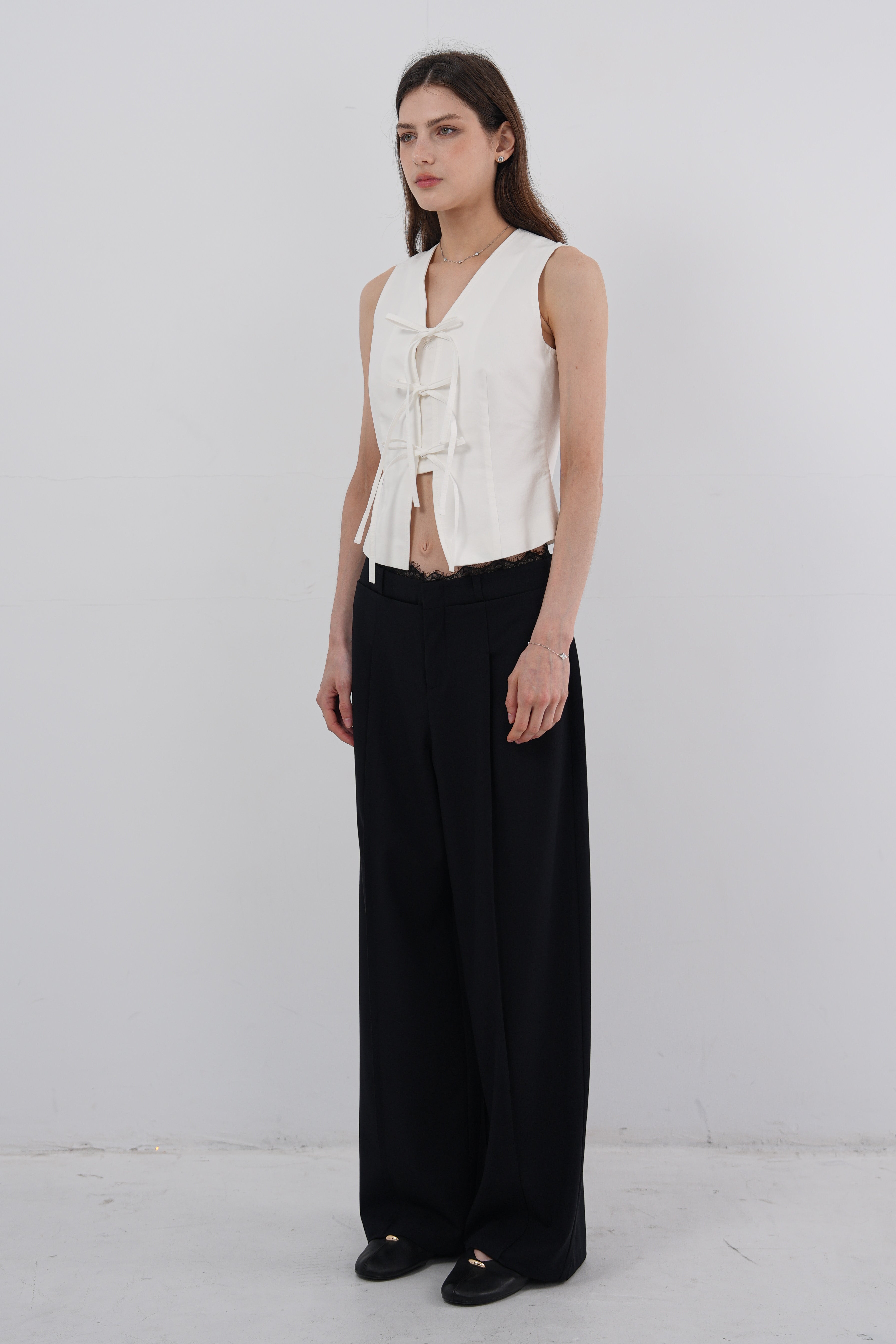 Layered Lace Waist Wide-Leg Pants - Black