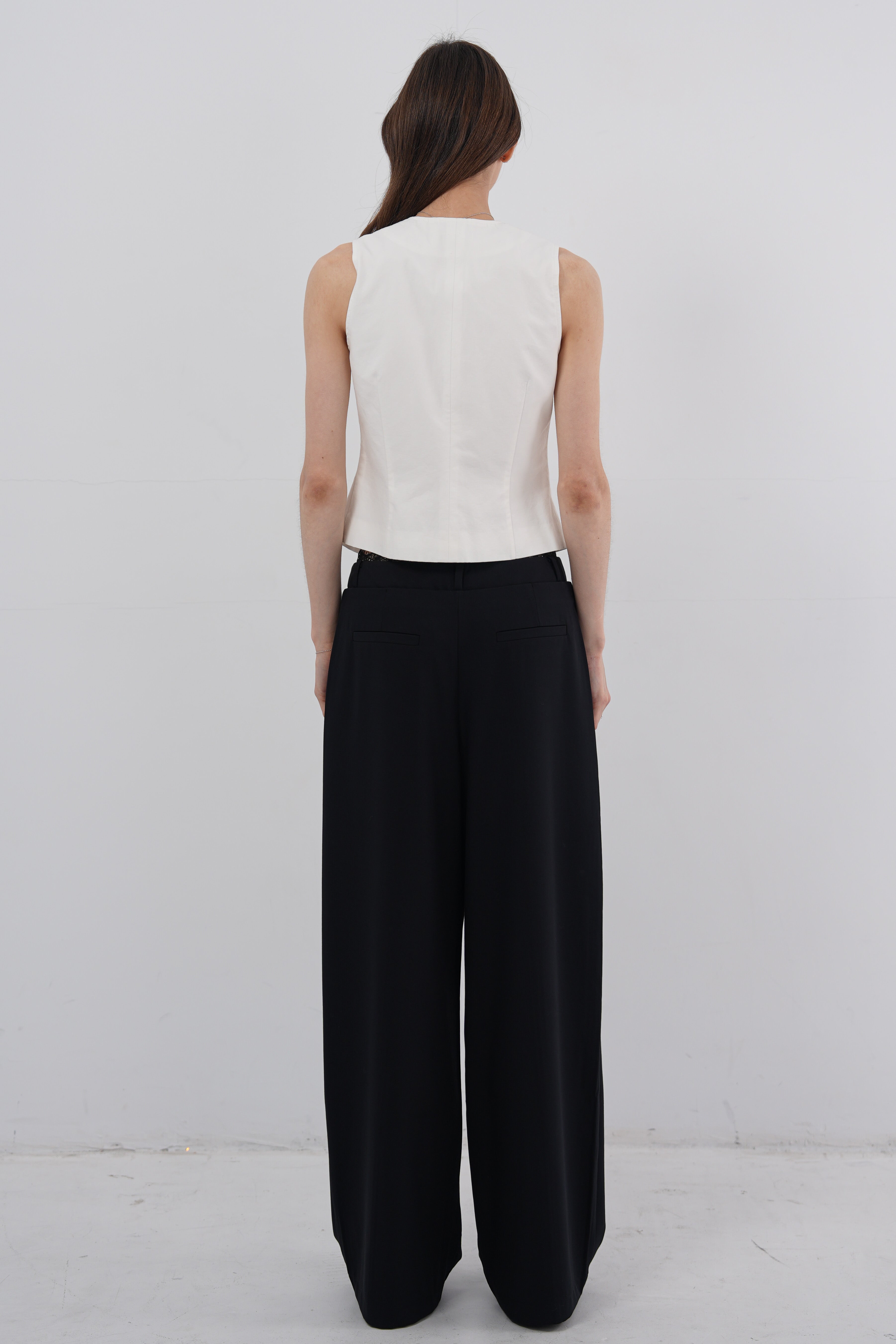 Layered Lace Waist Wide-Leg Pants - Black