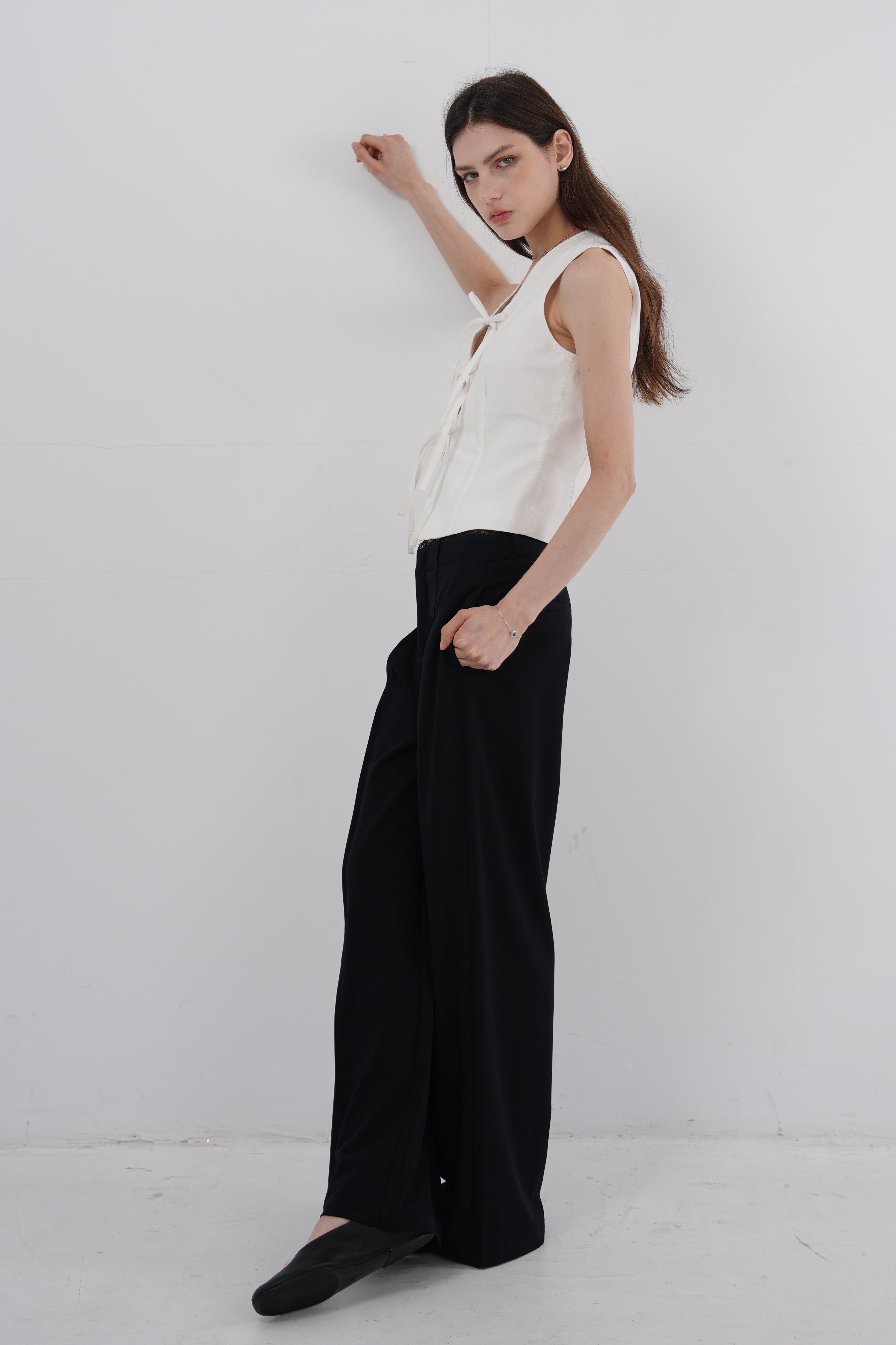 Layered Lace Waist Wide-Leg Pants - Black