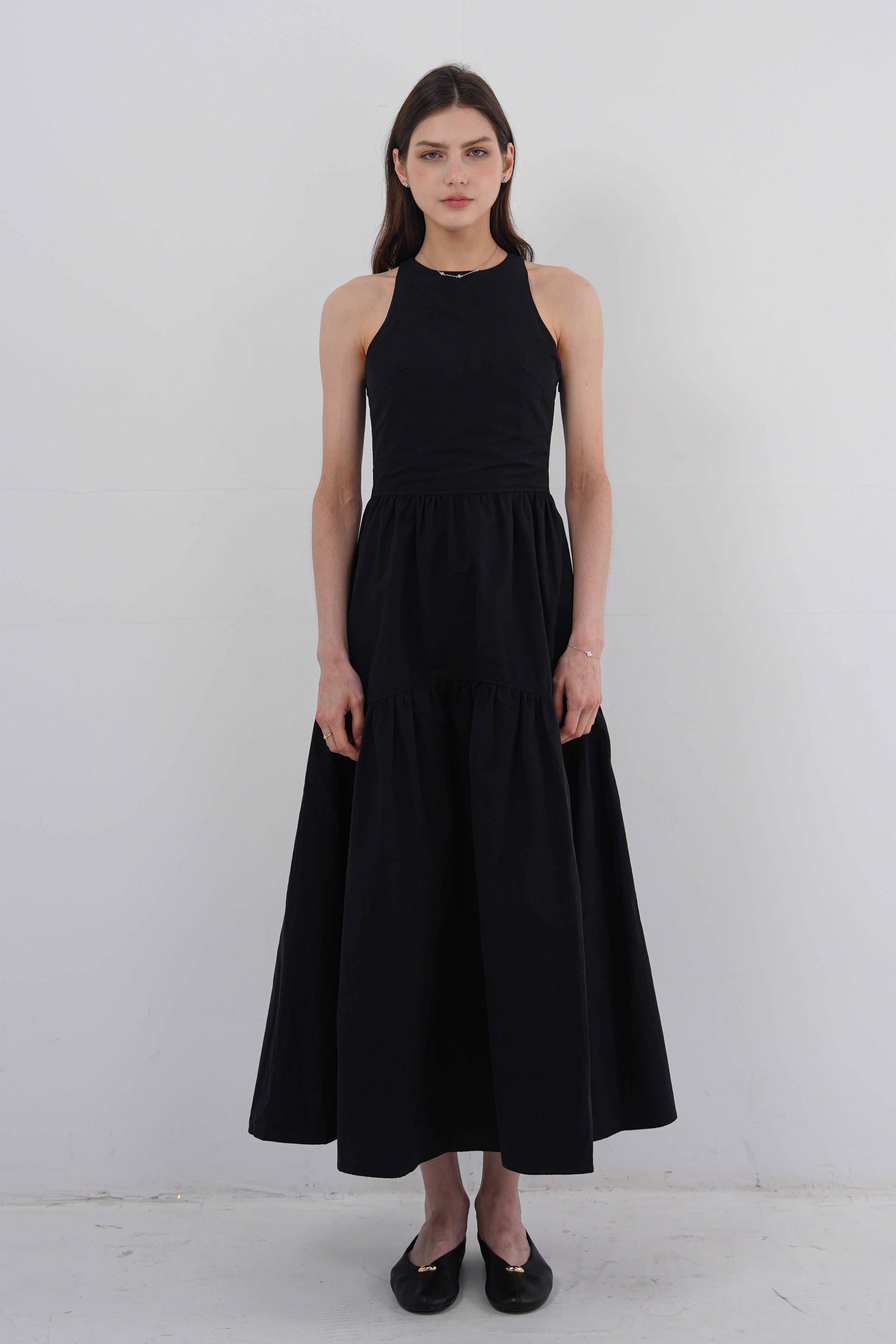 Lace Back Halter Maxi Dress - Black